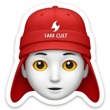 Red hat with no person in it that says "I AM IN A CULT" in white text sticker
