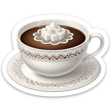 A cup of hot coffee with light steam, in a delicate porcelain cup with lace doily underneath, sugar cubes on the side. sticker