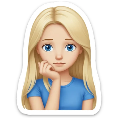 blonde girl blue eyes thinking long hair blue top, thinking hand on chin sticker
