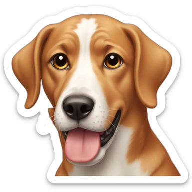 A dog who eat a red head sticker
