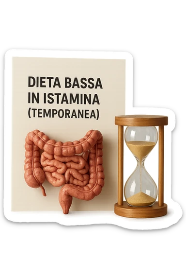 foglio di carta di una dieta con la scritta "DIETA BASSA IN ISTAMINA (TEMPORANEA), E ACCANTO CI METTI UN INTESTINO IN MINIATURA E UNA CLESSIDRA, iperrealistico 4k sticker