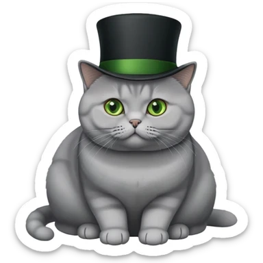 gray British Shorthair cat full body sitting with a black top hat and green eyes sticker