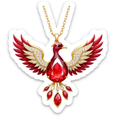 ruby pendant pulsing with fiery light, tiny phoenix emerging inside, haloed by shimmering white stones sticker