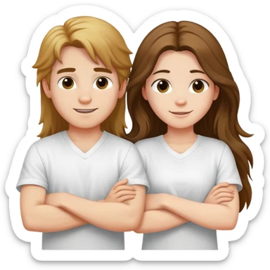 A boy and a long-haired girl crossed their arms over their chests - with a happy look on their faces - wearing white shirts sticker