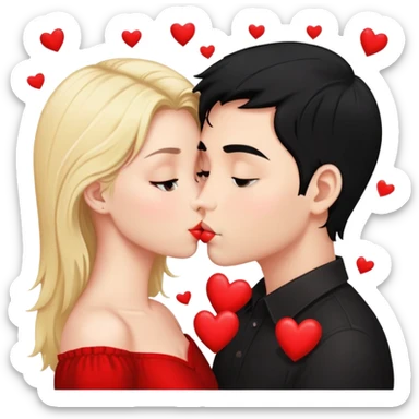 Couple of blonde girl and boy with black hair and fair skin is kissing with a lot of hearts around them sticker
