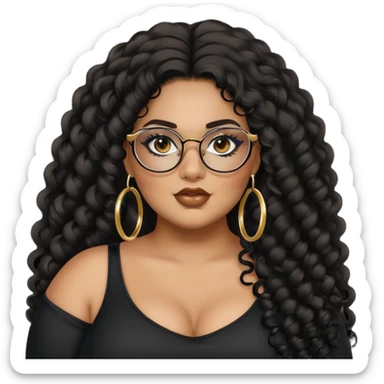 big plus size, latina, darker tan skin, gold hoops, long black curly hair, baddie,pretty, makeup, lipgloss, black eyeliner, long hair, black top, black glasses sticker