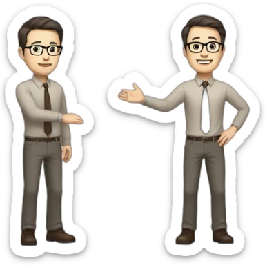 Full height Actively gesturing with hands Pale skinned fit man with dark brown hair in gray jacket, beige office shirt, brown tie, brown pants and vintage glasses. sticker