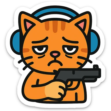 tired sad cat holding a gun, wearing headphones, colored icon sticker