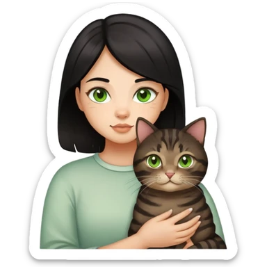 A girl with black hair with some high lights holding a chubby dark brown tabby cat with green eyes sticker