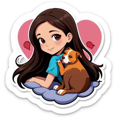 A pretty girl with long dark hair layered  cascading down her face sits on the bed with her brown pit bull  laying beside of her heart is flying all around sticker