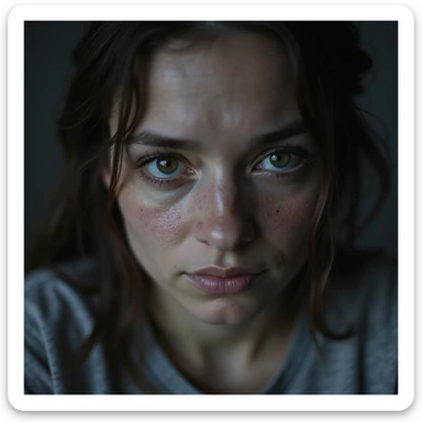 close-up of woman with chronic fatigue, pale skin, deep dark circles, lost and dull gaze, exhausted expression, hyperrealistic style, realistic details, 4K quality, neutral background sticker
