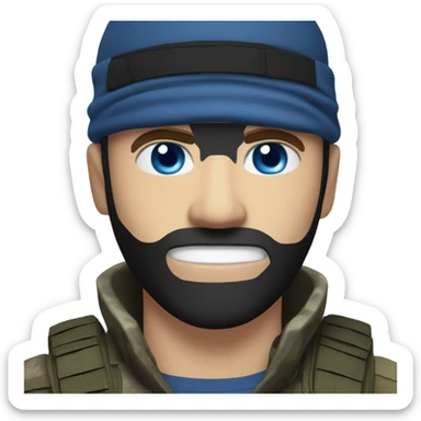 White male, call of duty black mask, camo tactical gear, combat boots, black beanie, blue eyes sticker