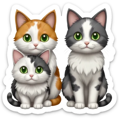 3 different coloured small cats including a dark grey and white, and a patchy calico with hazel eyes and a completely solid dark grey with green eyes and only white paws sticker