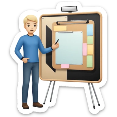 Minimalistic flat vector icon, iOS style, thin black contour on white background. Person silhouette with a project board (kanban/task board) behind. No text, no shadows.
 sticker