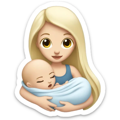 Pale girl with long black hair is holding a newborn baby sticker