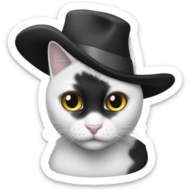 Crear un gato de color blanco y negro y en su cabeza que lleve puesto un sombrero negro de mago de los que hacen magia ￼ sticker