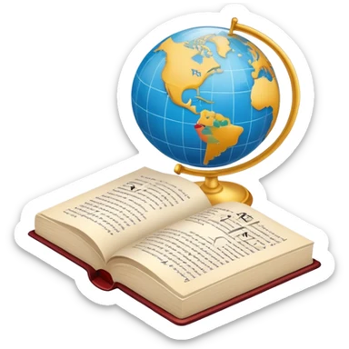 An icon featuring an open book, a speech bubble, and a pen, symbolizing philology and linguistics. The design includes a globe with language characters and grammar symbols, representing the study of languages and literature. Transparent background highlights language analysis. sticker