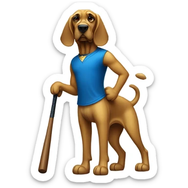 A Bloodhound dog dressed in a gold shirt and blue pants wearing dark shades with a baseball bat. sticker