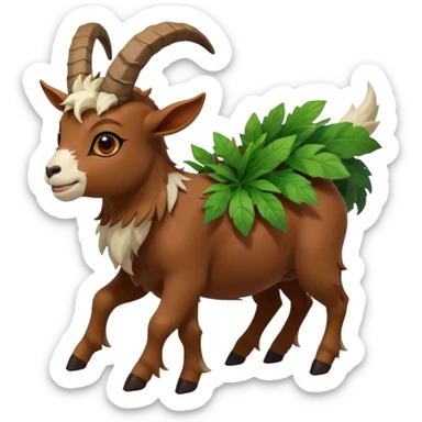 A kid riding on gogoat the quadrupedal, goat-like Pokémon with a brown, furry body and a leafy, green mane that extends down its back. It has large, black, curved horns, white fur on its face, a black nose, and red eyes. Its legs are shorter and lighter in color around the feet, back sticker