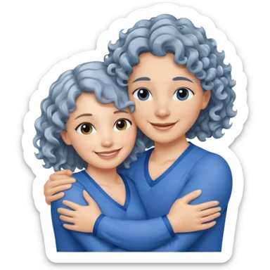 silver, wavy/curly hair chin-length lady giving hug with 2 arms, blue v-neck and smiling sticker