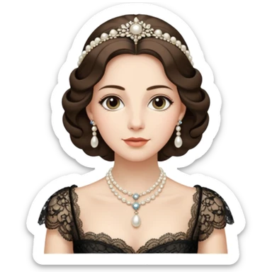 An emoji portrait of an Italian noblewoman. She wears a lavish gown with intricate lace details and a pearl necklace. Her expression is serene and elegant. sticker