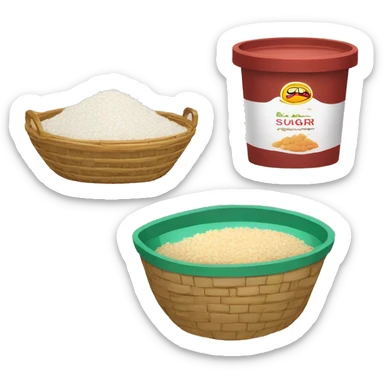 food basket with packet of rice, packet of beans and packet of sugar and liter of oil sticker