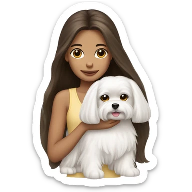 Brunette girl long hair holding a white  Maltese dog sticker