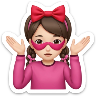 👧🏼🙈🎀🚩: girl with 2 ponytails covering her eyes with both hands, with a cute little pink bow on the side of her hair and below her in the background, 2 big red flags.  sticker