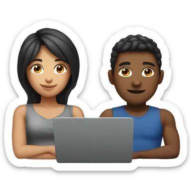 2 girl and 3 man each of them holding laptop and sit together  sticker