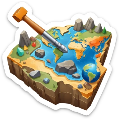 An icon featuring a rock hammer, a geological map, and layers of Earth’s crust, symbolizing geology. The design includes mineral samples, fossils, and tectonic plates, representing the study of Earth’s structure and natural processes. Transparent background highlights geological exploration sticker