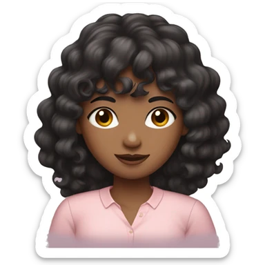 woman with long black curly hair and bangs and dark brown eyes, wearing a pastel pink blouse sticker