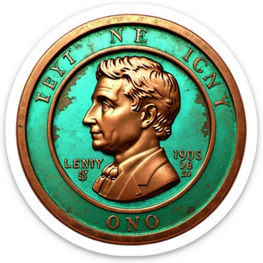 3D render of Old Penny, heavily oxidized copper texture, verdigris patina, Brown coin turning green on edges, weathered bronze aesthetic, ancient decay, Apple emoji style, isolated on white background --v 6.0. sticker