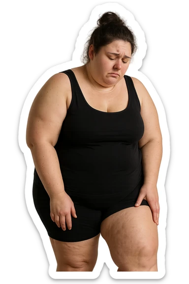 donna grassa che si tocca la coscia con espressione triste, IPERREALISTICA 4K sticker