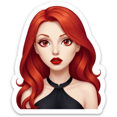 a pretty woman with long red hair and red eyes. The woman wear a black little cutted dress. She have red lipstick and she have a seductive look. She do a smack sticker