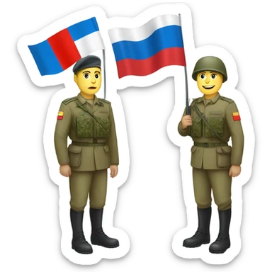 a soldier who holds the Russian flag in one hand and the Ukrainian flag in the other hand sticker