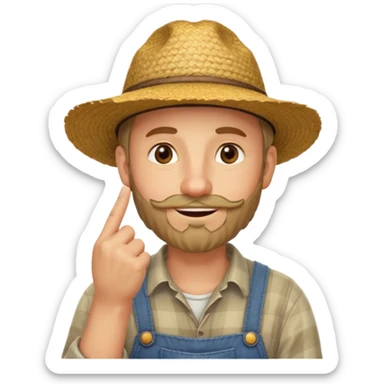 “A single emoji-style character combining 👨‍🌾😄 and 🤔: a smiling farmer man with a straw hat, friendly face, and light beard, holding one hand under his chin in a thinking gesture. His index finger rests under his face, eyes looking slightly upward as if thinking.  sticker