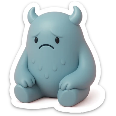 lonely monster, sitting alone with a sad expression, muted blue and grey colors, toy-like vinyl figure style sticker