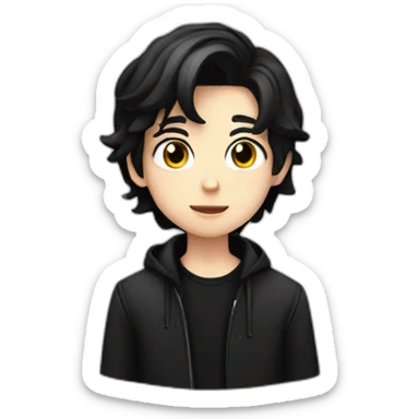14 year old handsome boy white skin, black medium length hair, wearing black coat on a white shirt sticker