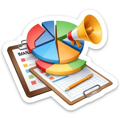 An icon featuring a pie chart, a megaphone, and a clipboard with strategy plans, symbolizing management and marketing. The design includes upward-trending graphs set against a modern office backdrop. Transparent background emphasizes business strategy and communication. sticker