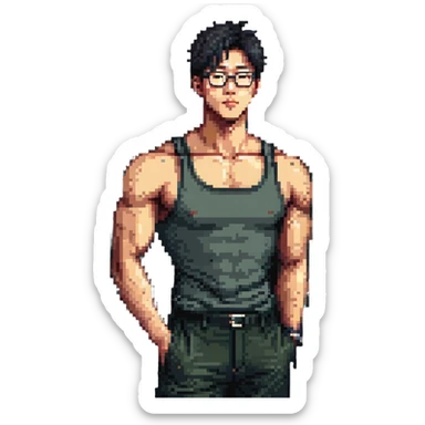 muscular tall Korean man with glasses and short hair sticker