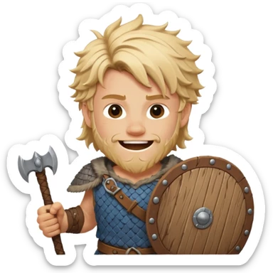 A young Viking warrior with messy blond hair, wooden shield, and fierce excited grin.
 sticker