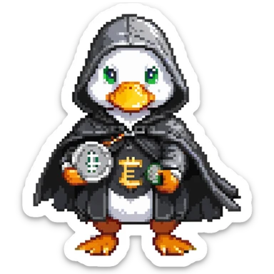 A cool duck in a black cloak with a silver coin sticker