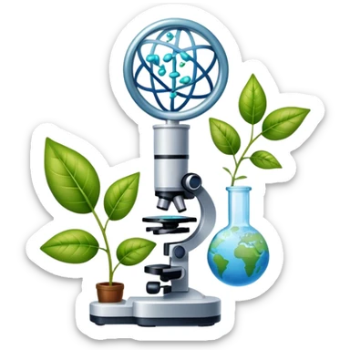 An icon featuring a DNA helix, a microscope, and a plant leaf, symbolizing biology. The design includes animal cells, a test tube, and a globe, representing the study of life forms, ecosystems, and genetics. Transparent background highlights the exploration of living organisms. sticker