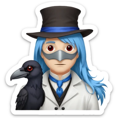 Plague Doctor with light-blue beau tiful hair, handsome sexy, long hair tendril bangs down on the sides, white lab coat, blue cravat, black feathers on shoulder, raven companion, black gloves, red eyes sticker