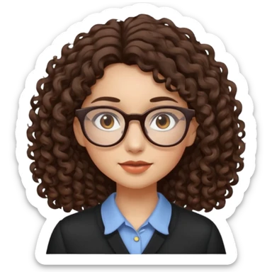 A girl has fair skin curly to wavy dark brown hair, has glasses and almond brown eyes sticker