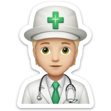 a doctor in white suit with a doctor hat with green cross sticker