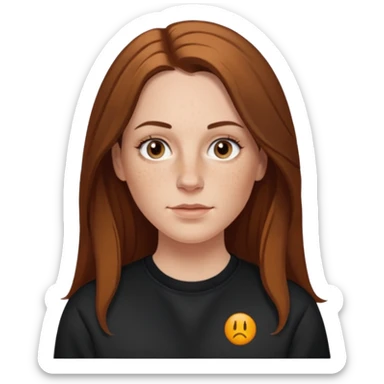 A 38 year old white woman with long brunette hair parted in the middle. She has her nose pierced. Her nose is medium sized. She has brown eyes. She has freckles and is wearing a black sweatshirt sticker