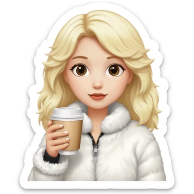 blonde girl wearing white fluffy jacket and a coffee to go in hand sticker