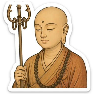 Kṣitigarbha bodhisattva, close-up portrait, gentle eyes, monk's robes, staff visible, spiritual and calm sticker