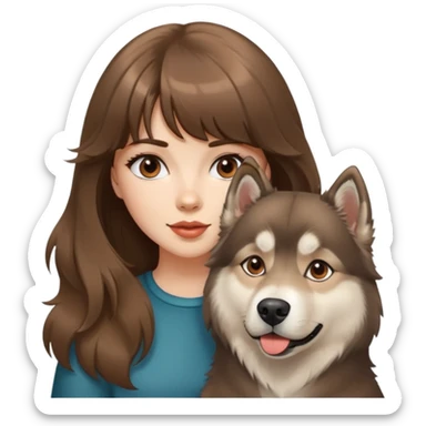 A beautiful Caucasian girl with brown blunt bangs and big wavy hair, and a brown Alaskan Malamute dog. sticker